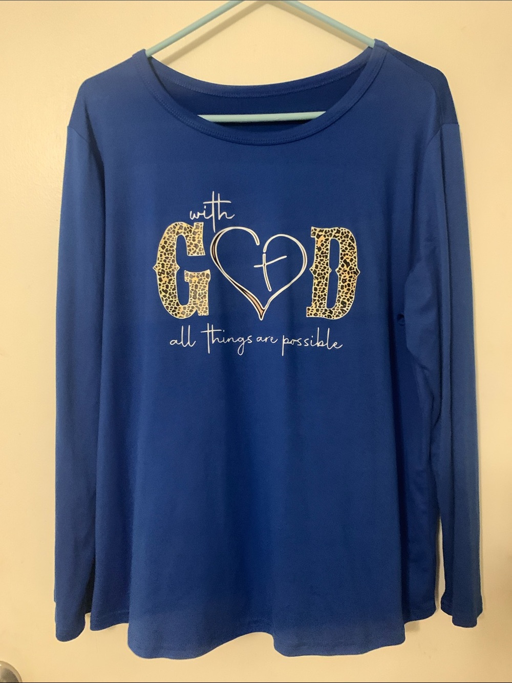 Source Unknown Royal Blue Long Sleeve Faith Graphic Tee with Leopard Accents